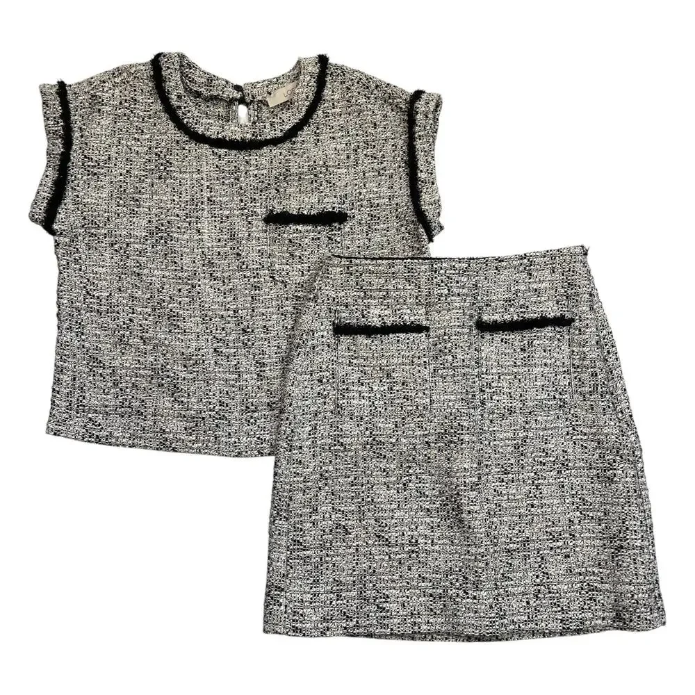 LOFT‎ Fringe Tweed Pocket Tee and Pencil Skirt XXSP Black White Cropped Shirt